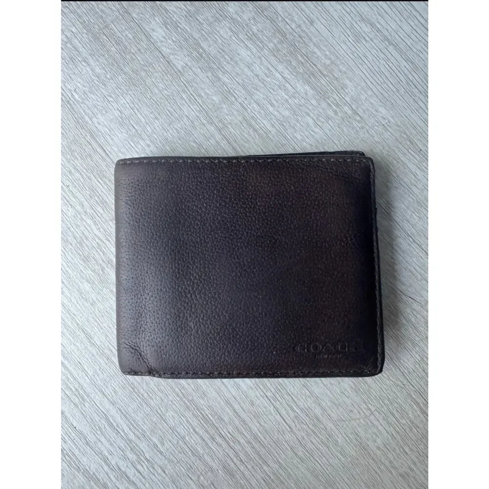 Coach Brown Pebbled Leather Bifold Wallet Men's Compact Card Holder ID Pocket